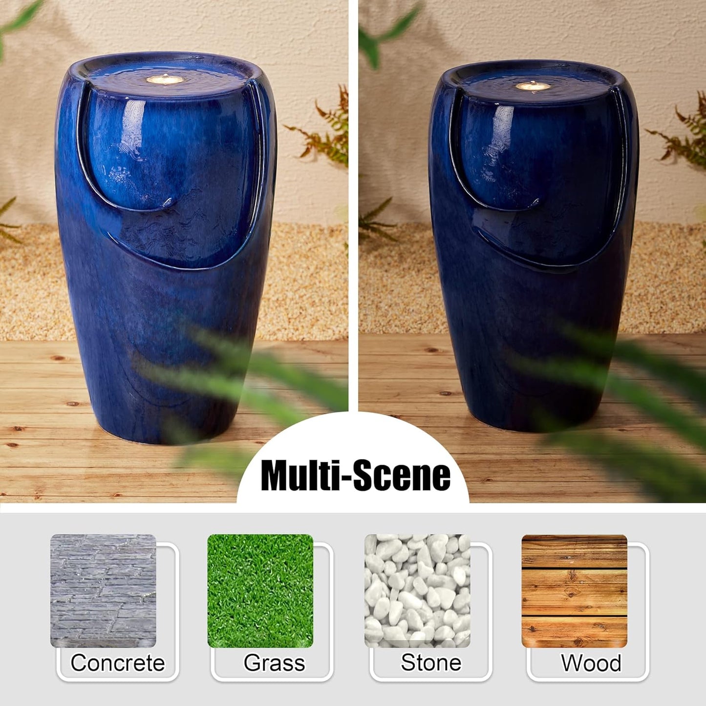 Glitzhome Ceramic Vase Outdoor Water Fountain Tall Patio Garden Water Fountain with LED Light and Submersible Pump Yard Art Decor, 20.5”H, Blue