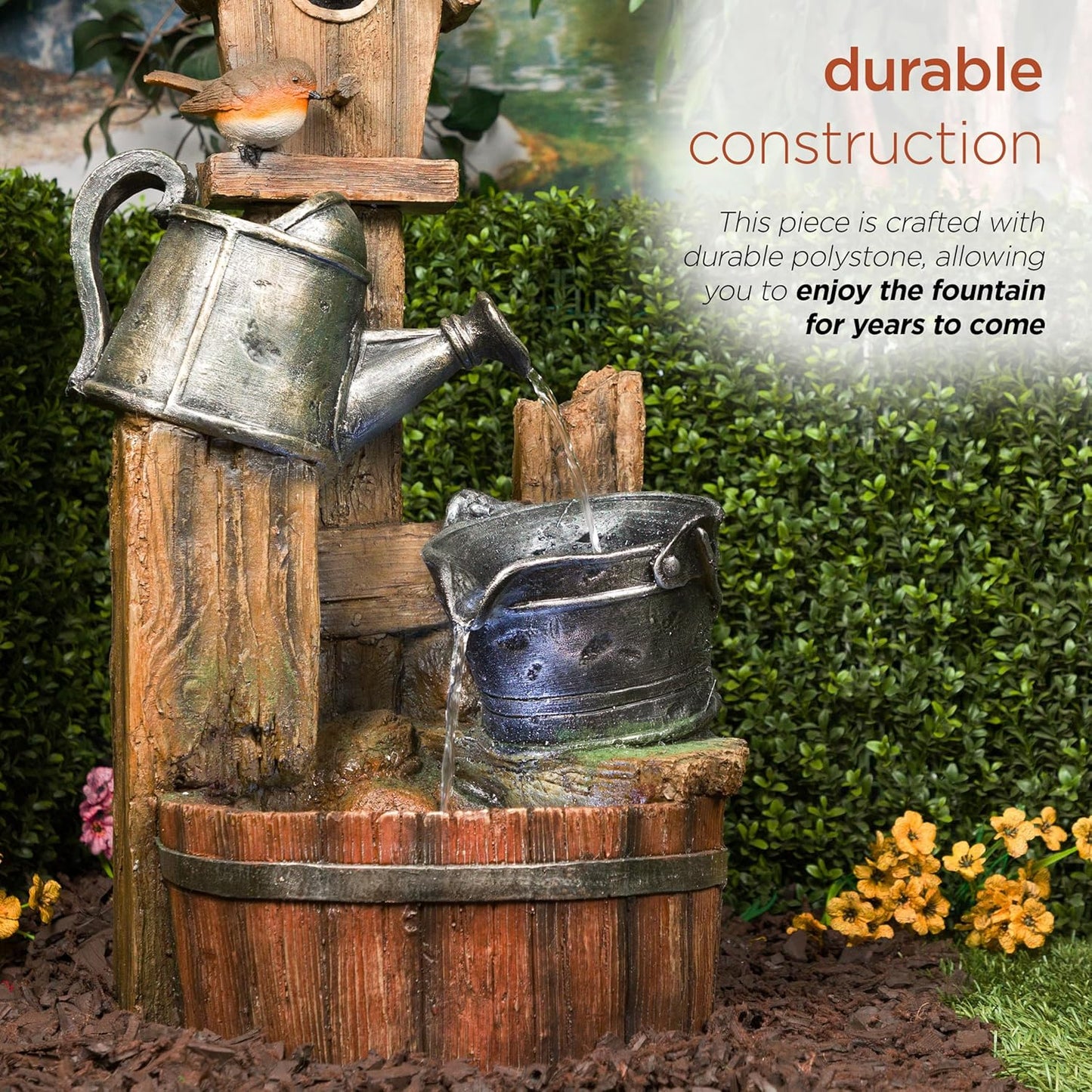 Alpine Corporation TZL280 Watering Can Barrel Birdhouse Fountain w/White LED Lights, Stylish Décor for Garden & Patio, 32" H