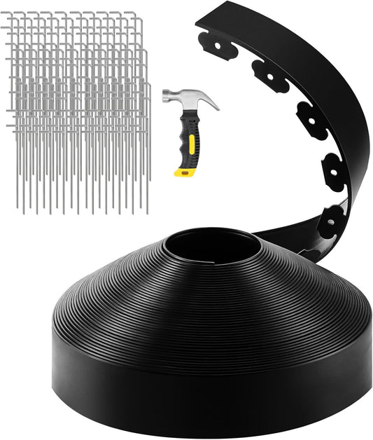 GROWNEER 200FT Landscape Edging Flexible 4 inch Tall Garden Border with 180pcs Galvanized Steel Anchoring Spikes and Hammer Lawn Edging Kit for Flower Bed, Pathway, Landscaping Project, Black