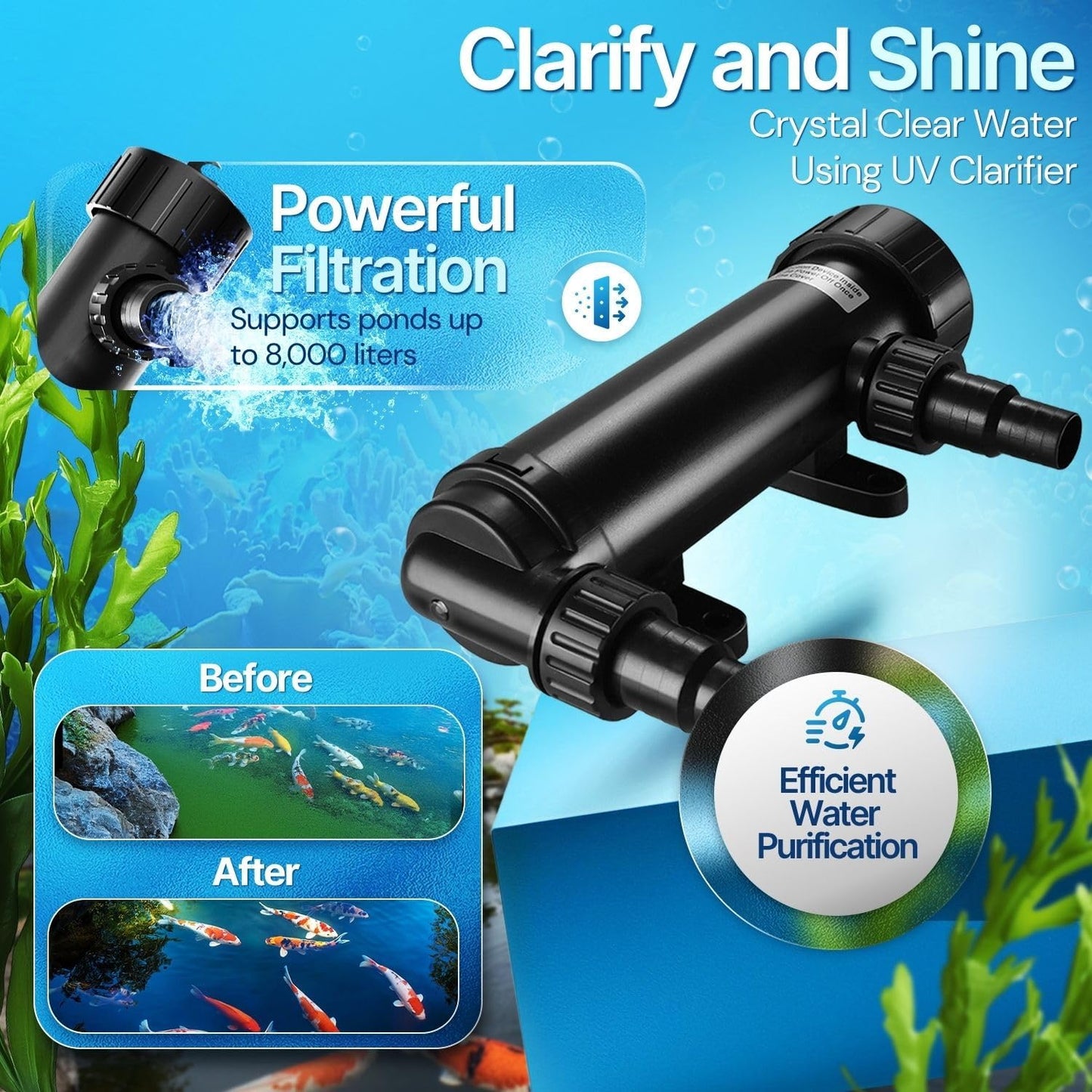 Flexzion Pond UV Lights for Outdoor Ponds - 9W Small Light, 2113-Gal Capacity, 1500L/H UV Pond Clarifier for Outdoor Ponds, Clears Water in Days (CUV-109A)