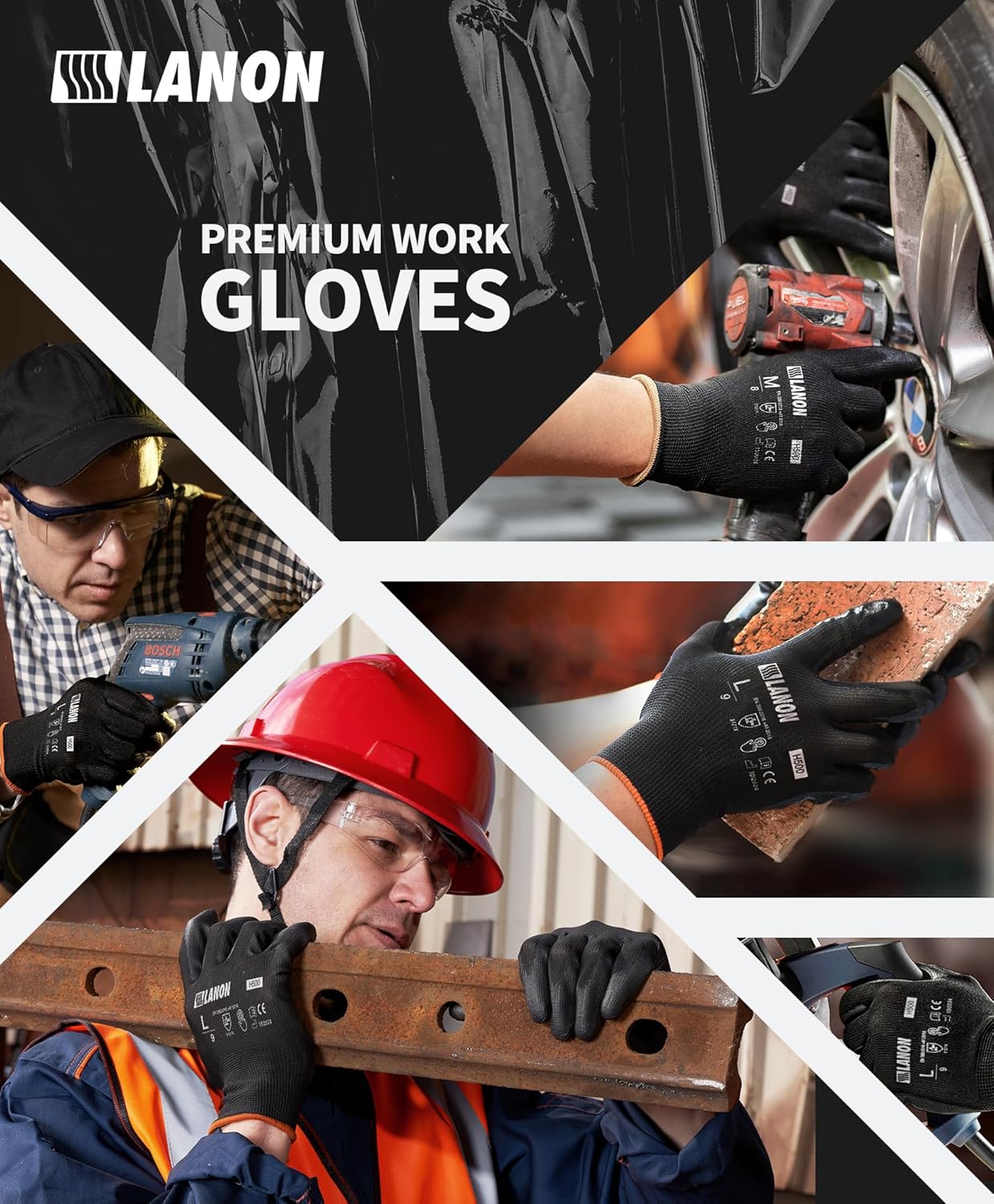 LANON 12 Pairs Safety Work Gloves, Mechanic Working Gloves for Men, PU Coated, Seamless Knit, Lightweight, Black, XL