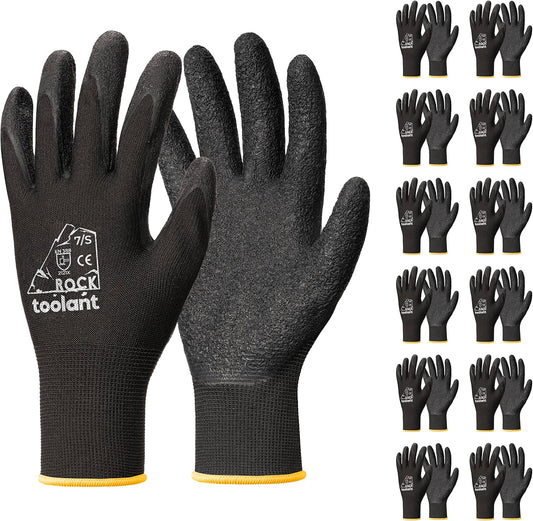 toolant Crinkle Latex Work Gloves Bulk, Rubber Coated Safety Work Gloves for Men and Women, 12 Pairs for Construction, Gardening, Warehouse (Black, Small)